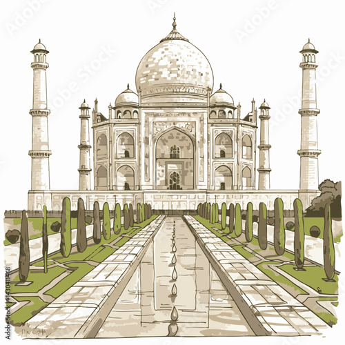 Taj Mahal Illustration: Indian Landmark in Sepia Tones