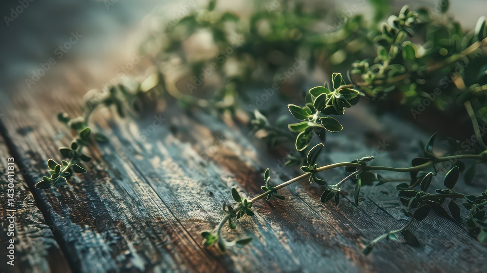 Fototapeta premium Close up of fresh thyme sprigs on weathered wooden surface with soft lighting and shallow depth of field