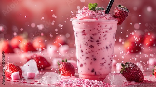 Product photo fresh burst strawberry milkshake cup take away with black straw, strawberry , splash ice cube and flying mint, mallow color background,  Generated AI.