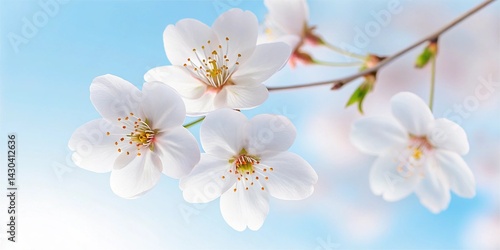 Summer nature background with cute white sakura on blue
