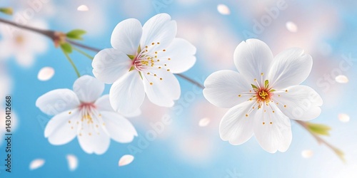 Summer nature background with cute white sakura on blue