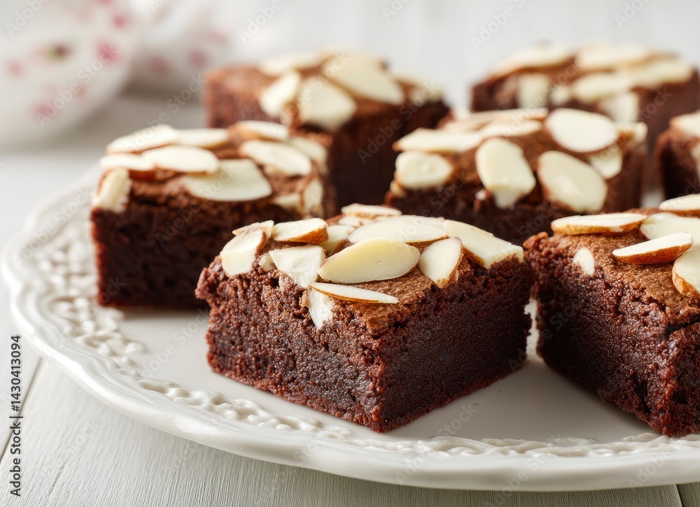 Almond Brownie Squares on Plate Almond Brownie Squares on Plate