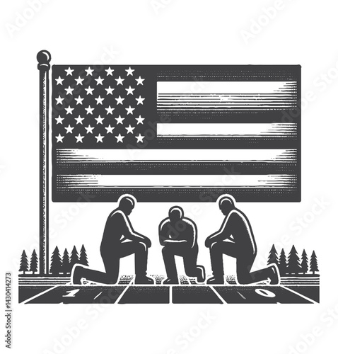 Vintage Hand-Drawn American Flag on Field with Players Kneeling Illustration – Patriotic Unity Engraved Style Vector for T-Shirts, Posters, Stickers, and Sports Tribute Themes