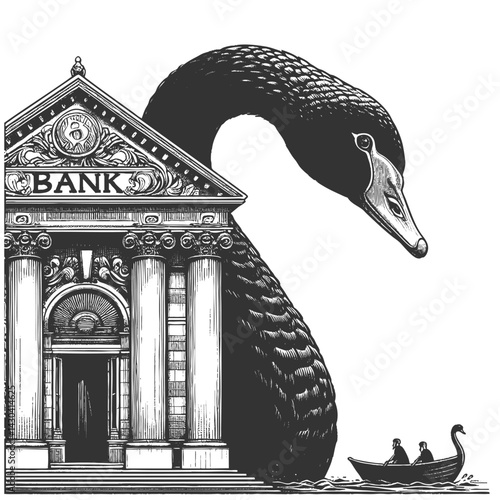 giant black swan next to a classical bank building, symbolizing rare and catastrophic financial events sketch engraving generative ai vector illustration. Scratch board imitation. Black and white.
