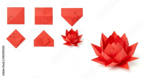 Step-by-step origami instructions for creating a red paper lotus flower.
