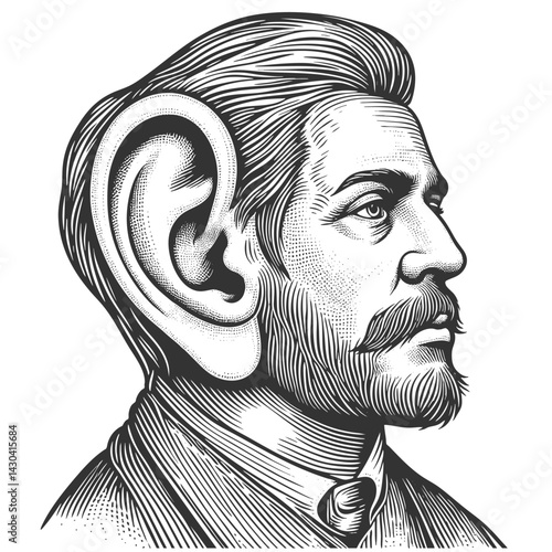 man in vintage attire with exaggeratedly large ears, symbolizing attentive listening or surreal fantasy sketch engraving generative ai vector illustration. Scratch board. Black and white image.