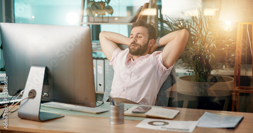 Man, relax or computer with rest for done, finished tasks or job completion at office desk. Businessman, employee or break on technology for productive day, performance or free time at workplace