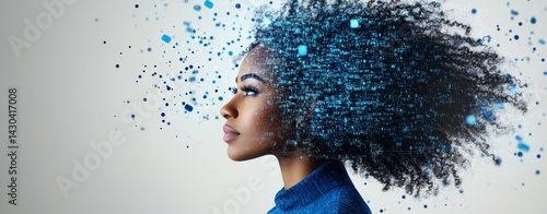 Stock digital art emphasizing AI, illustrates a Black woman working in IT, blending her human likeness with vibrant cybersecurity information streams