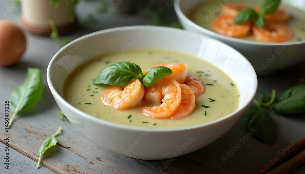 spinach cream soup with shrimp in a white bowls spinach cream soup with shrimp in a white bowls