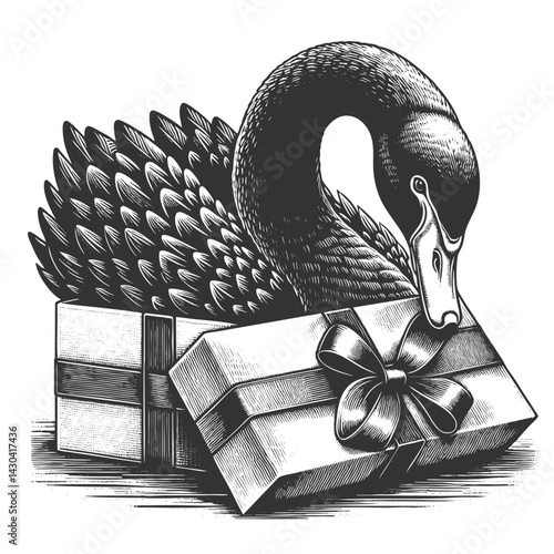 black swan unexpectedly appearing from a cardboard box, symbolizing surprise, rarity, and disruptive unknowns sketch engraving generative ai vector illustration. Scratch board. Black and white image.
