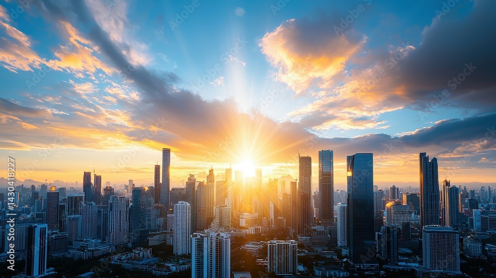 Fototapeta premium Stunning sunset over a vibrant city skyline with dramatic cloud formations.