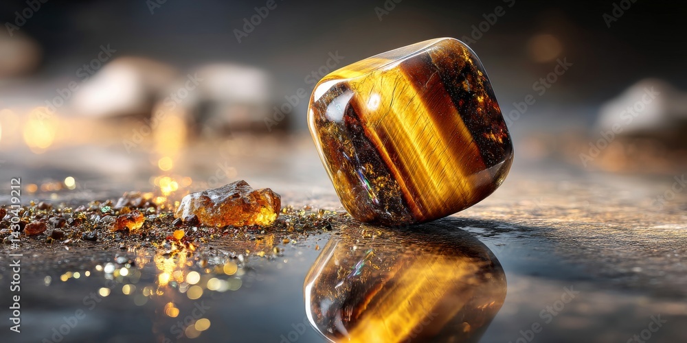 Polished tiger eye gemstone reflecting on wet surface with golden particles Polished tiger eye gemstone reflecting on wet surface with golden particles