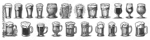 wide variety of beer glasses and frothy mugs in different shapes and styles sketch engraving generative ai vector illustration. Scratch board imitation. Black and white image.