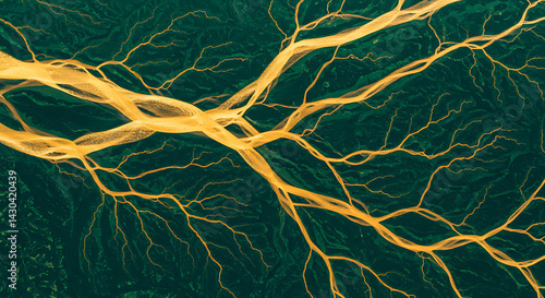 Aerial View: Golden River Network Through Emerald Landscape