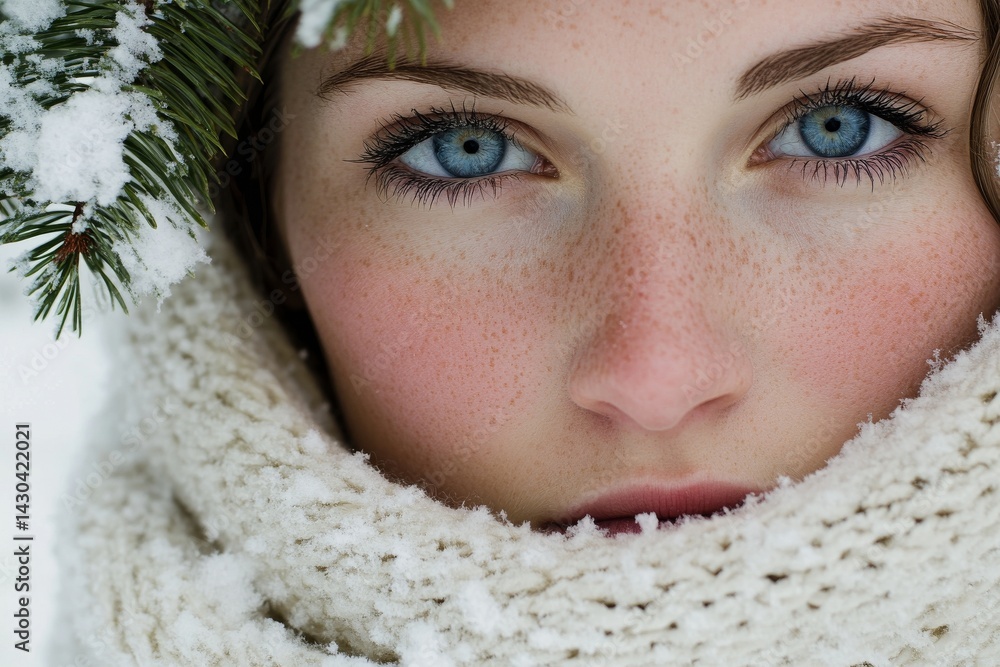 A closeup portrait features a beautiful young woman with a winter pine or spruce branch, emphasizing her fresh and healthy skin, which is achieved through the use of natural beauty products and A closeup portrait features a beautiful young woman with a winter pine or spruce branch, emphasizing her fresh and healthy skin, which is achieved through the use of natural beauty products and