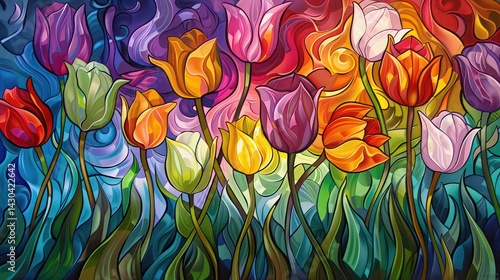 Vibrant tulip garden painting with a colorful background and stylized floral arrangements display