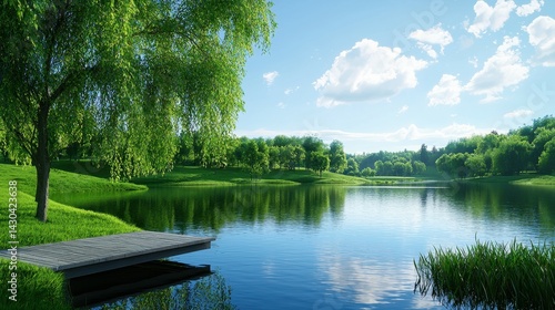 Serene landscape with a peaceful lake and lush greenery under a bright blue sky.