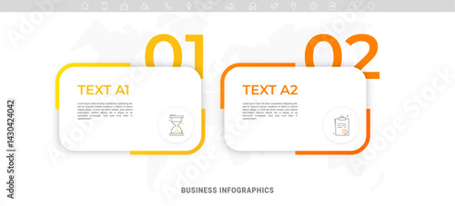 Modern vector flat illustration. Infographic numbers template with two rectangles, elements, icons. Timeline designed for business, presentations, web design, interface, diagrams with 2 steps