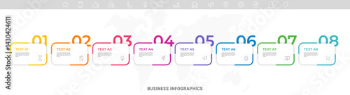Modern vector flat illustration. Infographic numbers template with eight rectangles, elements, icons. Timeline designed for business, presentations, web design, interface, diagrams with 8 steps