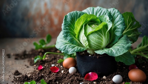 Vibrant autumn garden with healthy cabbage growing in a fabric planter enriched with organic soil