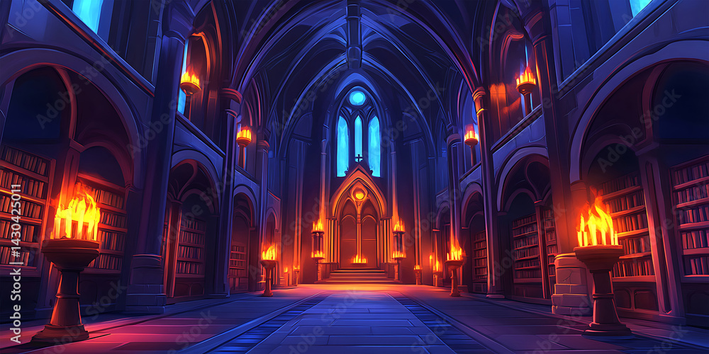 Fototapeta premium Mystical Gothic Hall with Glowing Candles Wallpaper Background for Fantasy Settings, Atmospheric Designs, or Medieval Vibes