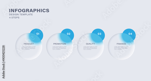Infographic template of four circle elements in glass morphism style. Transparent infographic template design