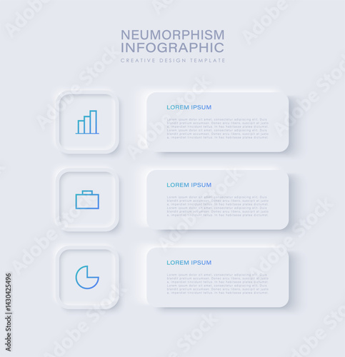 Neumorphism vertical infographic design template with three steps and icons. White infographics design template.