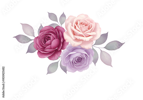 Watercolor Trio of Pink, Burgundy, and Lavender Roses Isolated

