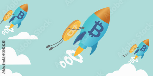 Cryptocurrency rate growth, trading, fintech investing. Vector illustration of bitcoin icon, rocket, digital money, income generation