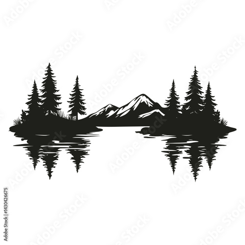 Simple trees lake mountain linear art illustration silhouette vector