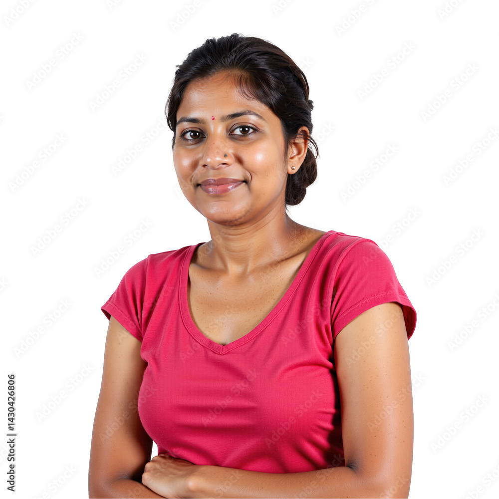 Portrait of a Young South Asian Woman in a Pink T-Shirt with a Confident Smile Against a Solid transparent background Portrait of a Young South Asian Woman in a Pink T-Shirt with a Confident Smile Against a Solid transparent background