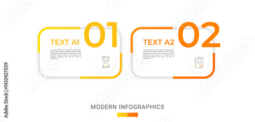 Modern vector flat illustration. Infographic numbers template with two rectangles, elements, icons. Timeline designed for business, presentations, web design, interface, diagrams with 2 steps