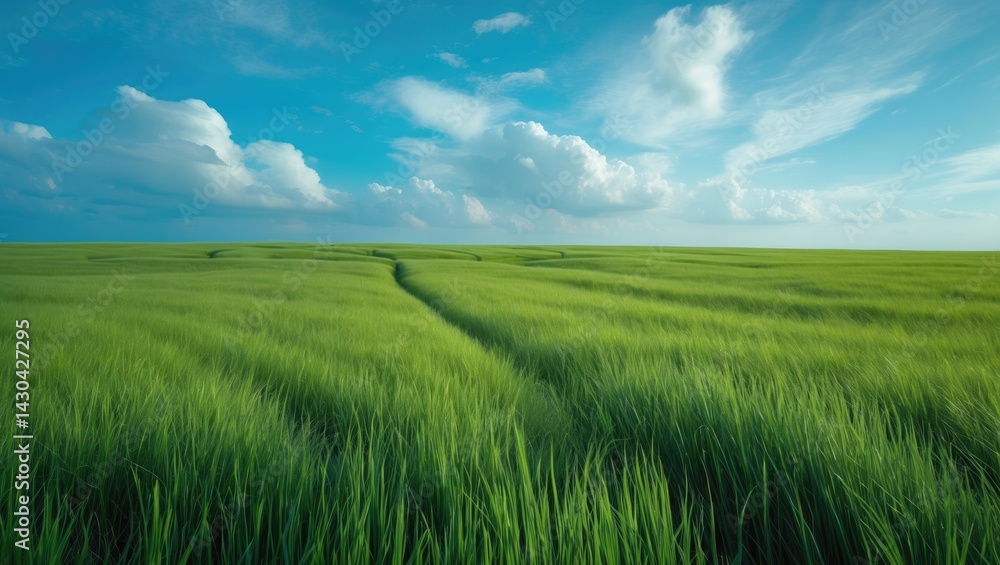 Fototapeta premium Vibrant green meadow under a bright blue sky
