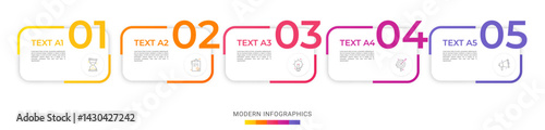 Modern vector flat illustration. Infographic numbers template with five rectangles, elements, icons. Timeline designed for business, presentations, web design, interface, diagrams with 5 steps