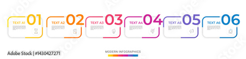 Modern vector flat illustration. Infographic numbers template with six rectangles, elements, icons. Timeline designed for business, presentations, web design, interface, diagrams with 6 steps