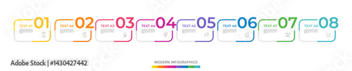 Modern vector flat illustration. Infographic numbers template with eight rectangles, elements, icons. Timeline designed for business, presentations, web design, interface, diagrams with 8 steps