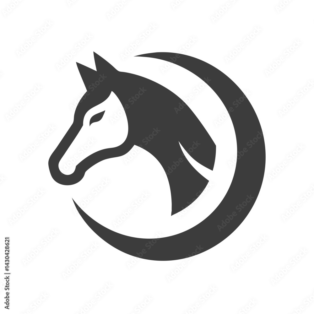 Naklejka premium Horsehead Silhouette in Horseshoe Shape Logo . A simple, elegant silhouette of a horse's head nestled within a horseshoe shape.
