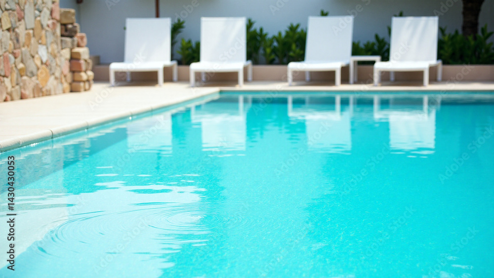 Naklejka premium Blue swimming pool water and white poolside chairs