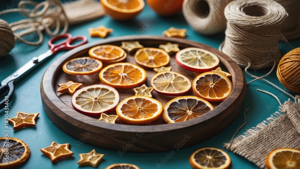 Fototapeta premium Sustainable zero waste dried orange slices and DIY materials on the table. Handmade dried oranges for decor and gifts.