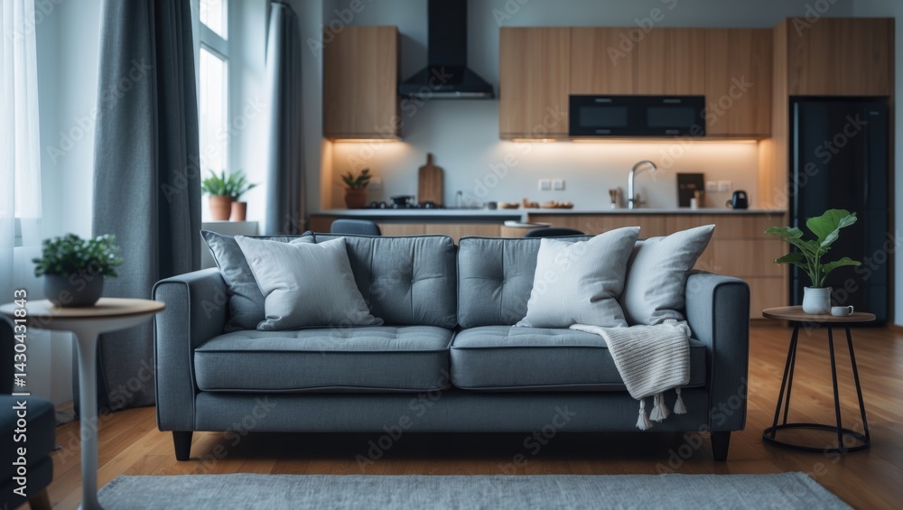 Fototapeta premium Chic furnished studio space showcasing cozy living area and contemporary kitchen design