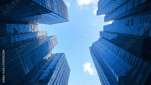 Modern glass skyscrapers viewed from below against blue sky