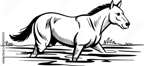 Horse Walking in Water - Black and White Vector Illustration
