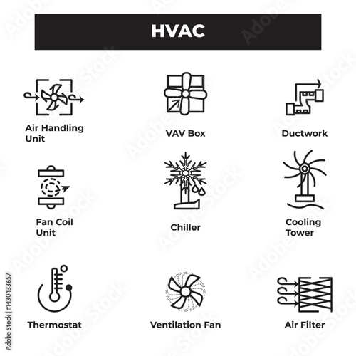 Essential HVAC system icons for mechanical design, building automation, and smart facility visuals. Perfect for engineers, dashboards, and technical illustrations.