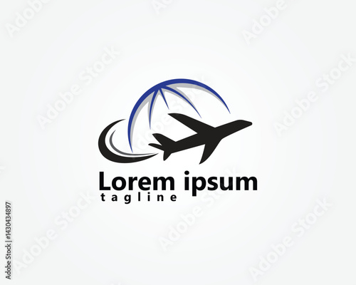 creative travel, logistic, air line logo, airplane with half striped globe logo design inspiration