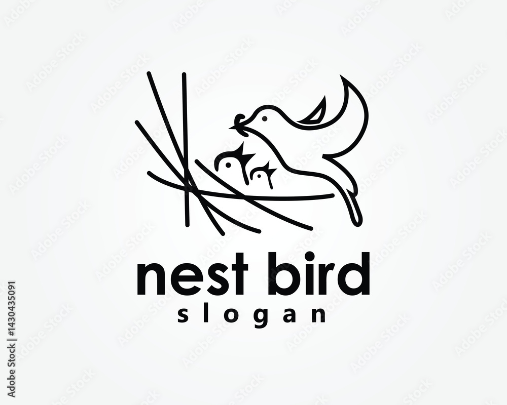 Fototapeta premium creative nestle, nest bird logo, mother bird feeding her two chicks in the nest, logo design inspiration