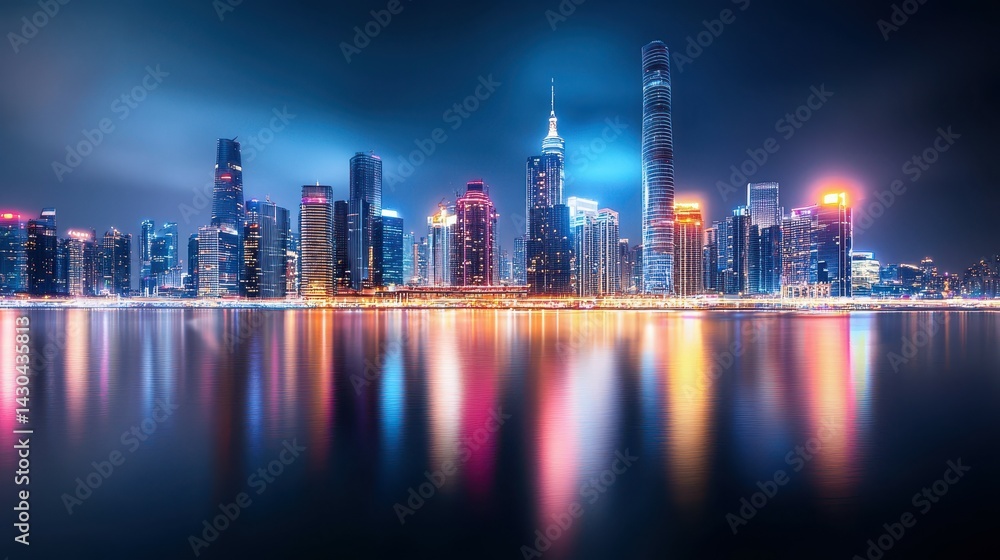 Fototapeta premium Stunning night skyline of a vibrant city reflecting on water.