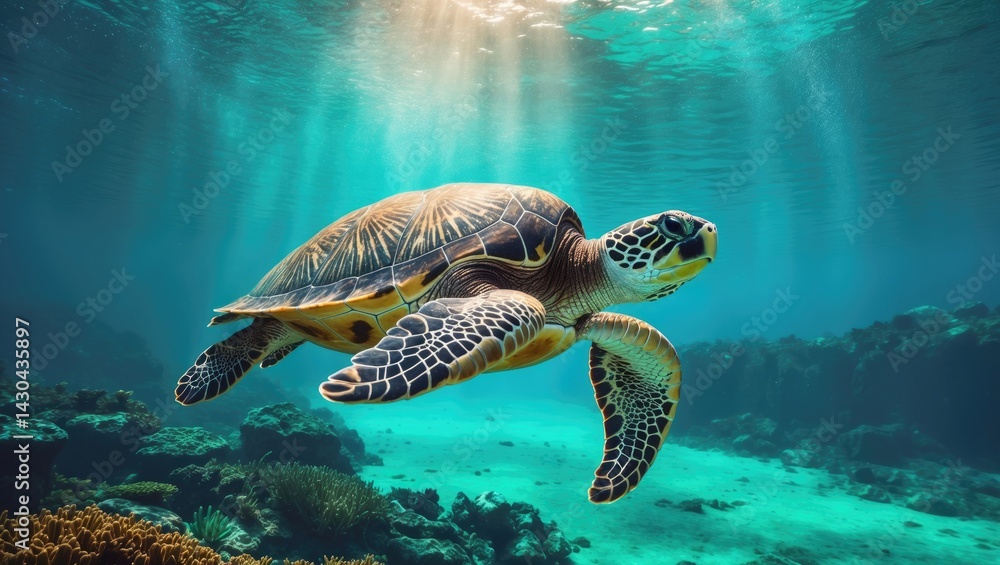 Fototapeta premium Massive sea turtle swimming in vibrant underwater ecosystem.
