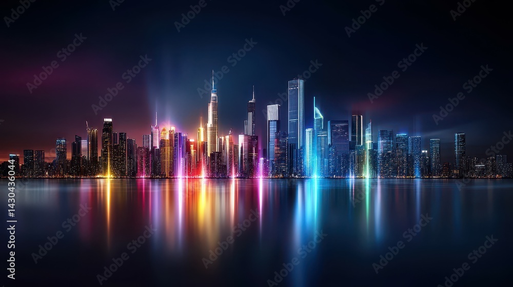 Vibrant city skyline at night with colorful lights reflecting on the water. Vibrant city skyline at night with colorful lights reflecting on the water.
