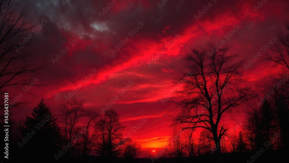 Obraz premium Deep red sunset illuminates the cloudy sky with warmth, highlighting the silhouette of leafless forest trees.