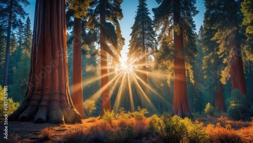Sunlit giant sequoia trees in lush forest landscape